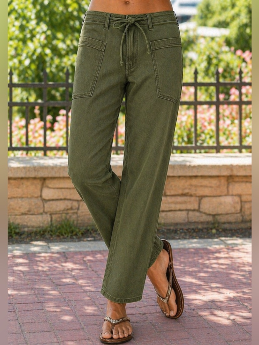 Flamingals Drawstring Wash Stitch Detail Mid Waist Barrel Leg Jeans Green XS NWT